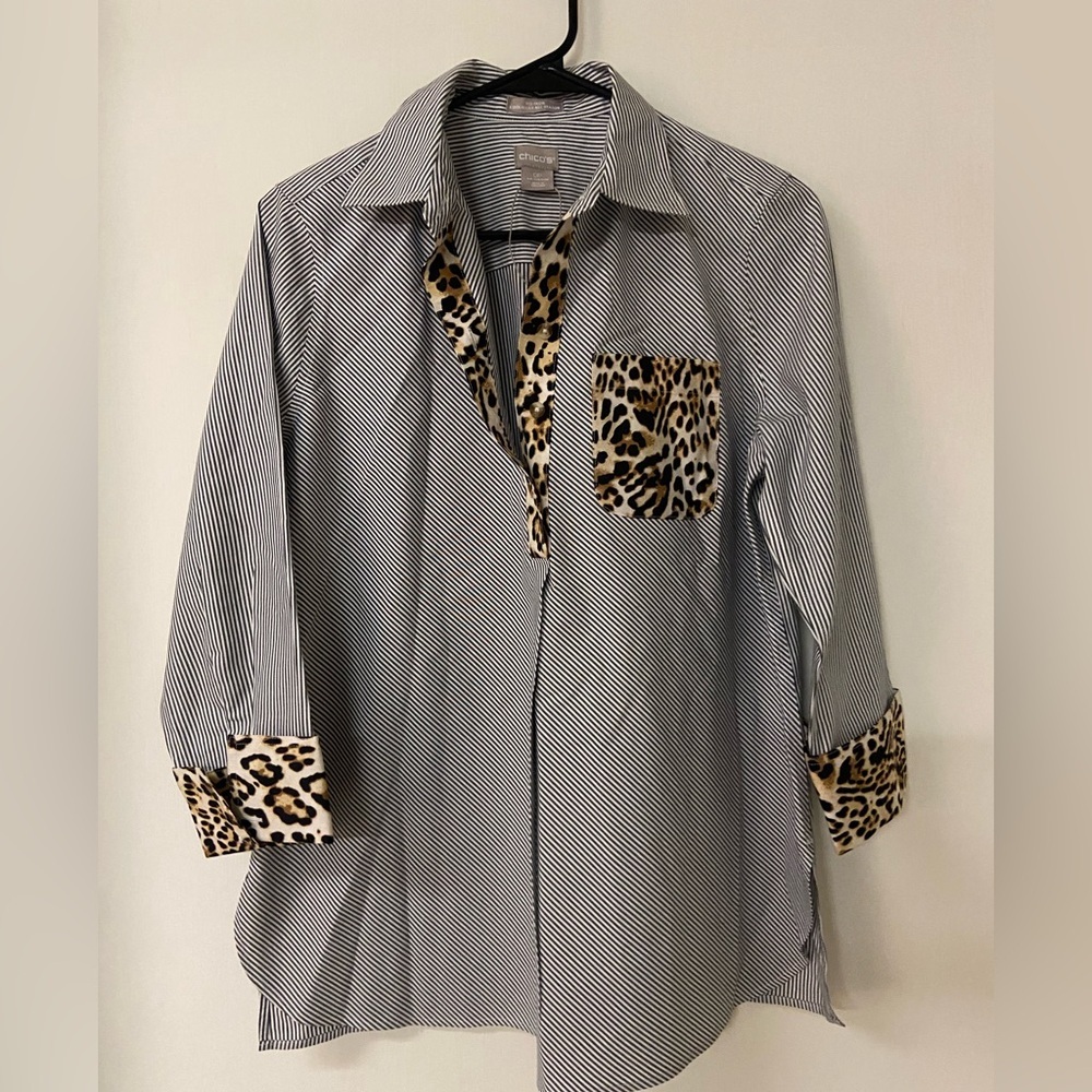 Chico’s pin striped/animal print blouse size O small petite no iron cool max